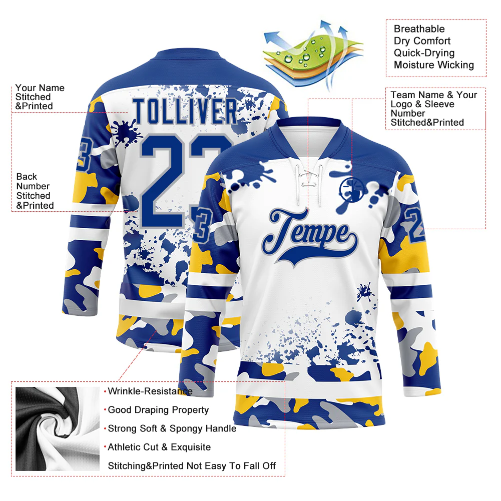 Custom Camo Royal Gray-White Splash Hockey Lace Neck Jersey - Image 3