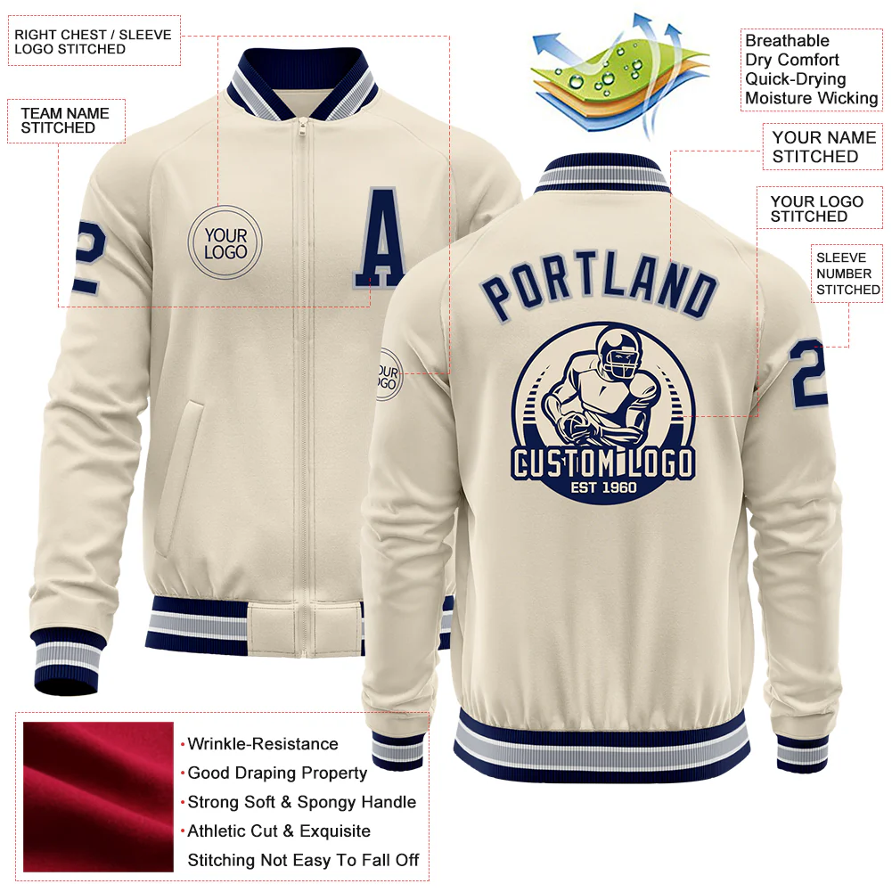 Custom Cream Navy Gray-White Bomber Varsity Letterman Zipper Jacket - Image 4