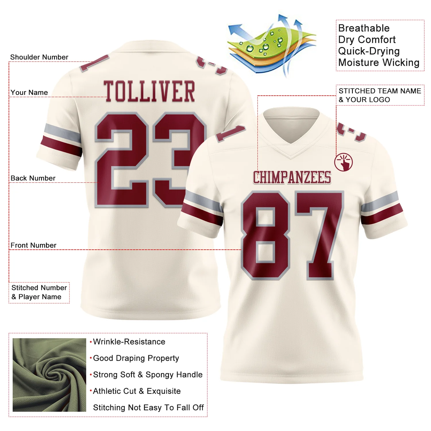 Custom Cream Crimson-Gray Authentic Football Jersey - Image 3