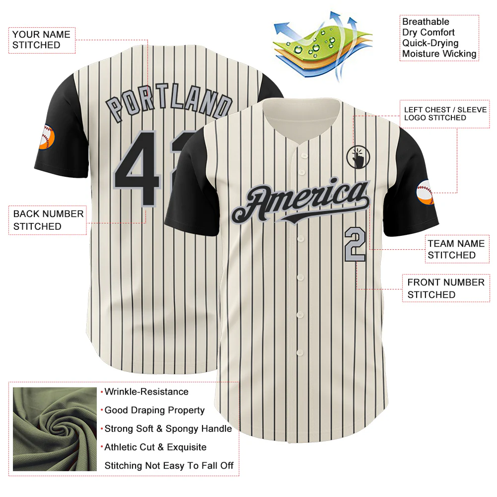 Custom Cream Black Pinstripe Gray Authentic Two Tone Baseball Jersey - Image 3