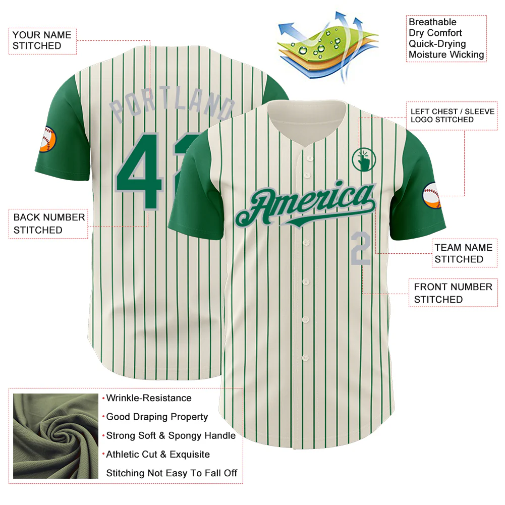 Custom Cream Kelly Green Pinstripe Gray Authentic Two Tone Baseball Jersey - Image 3