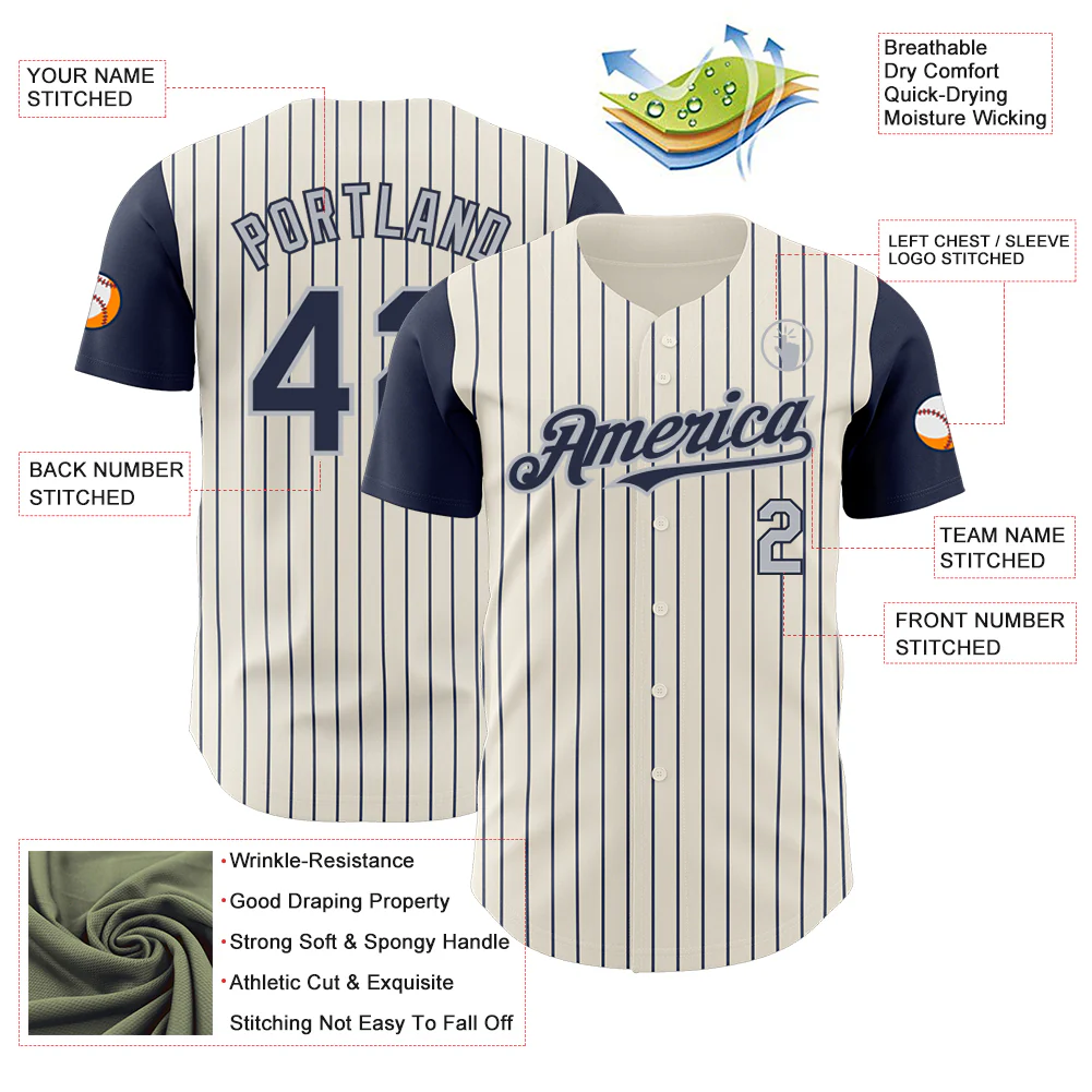 Custom Cream Navy Pinstripe Gray Authentic Two Tone Baseball Jersey - Image 3