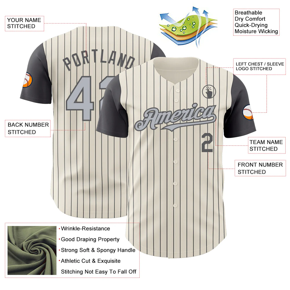 Custom Cream Steel Gray Pinstripe Gray Authentic Two Tone Baseball Jersey - Image 3