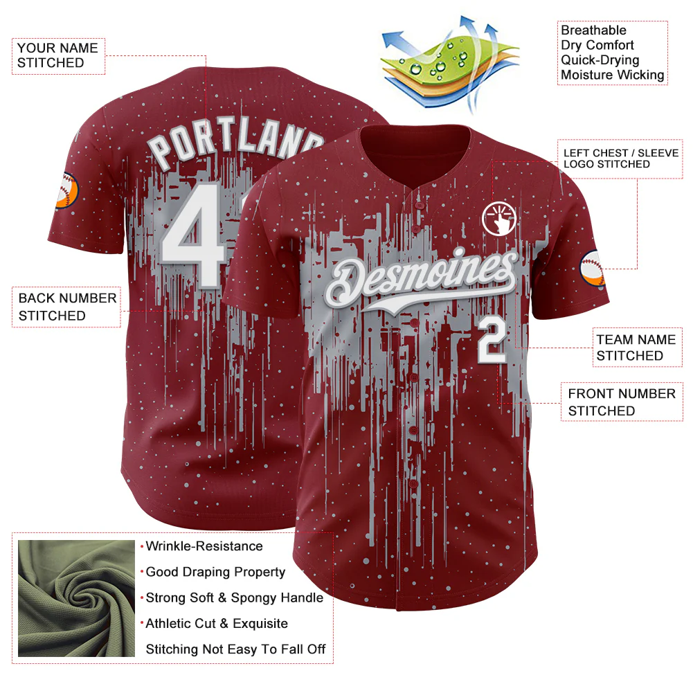Custom Crimson White-Gray Dripping Splatter Paint Authentic Baseball Jersey - Image 3