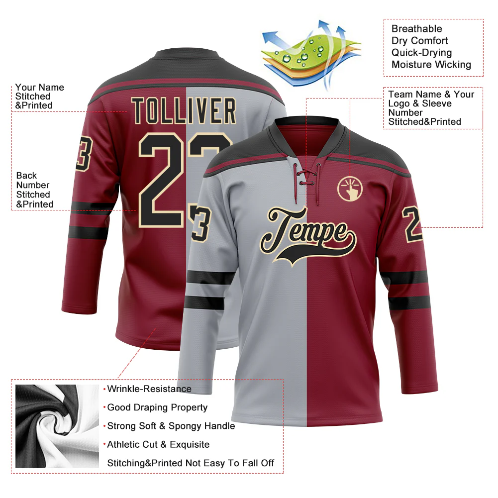 Custom Crimson Black Gray-Cream Split Fashion Hockey Lace Neck Jersey - Image 5