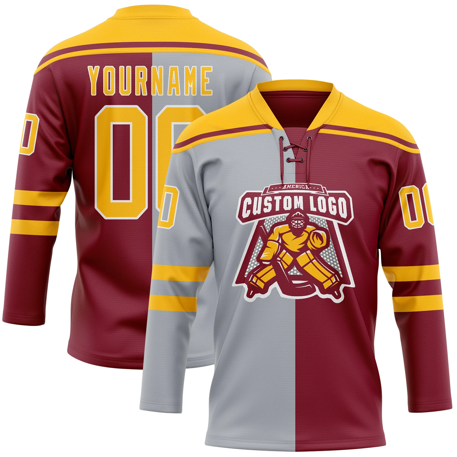 Custom Crimson Gold Gray-White Split Fashion Hockey Lace Neck Jersey - Image 2