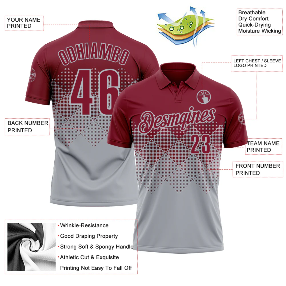 Custom Crimson Gray 3D Gradient Square Shape Performance Polo Shirt - Image 3