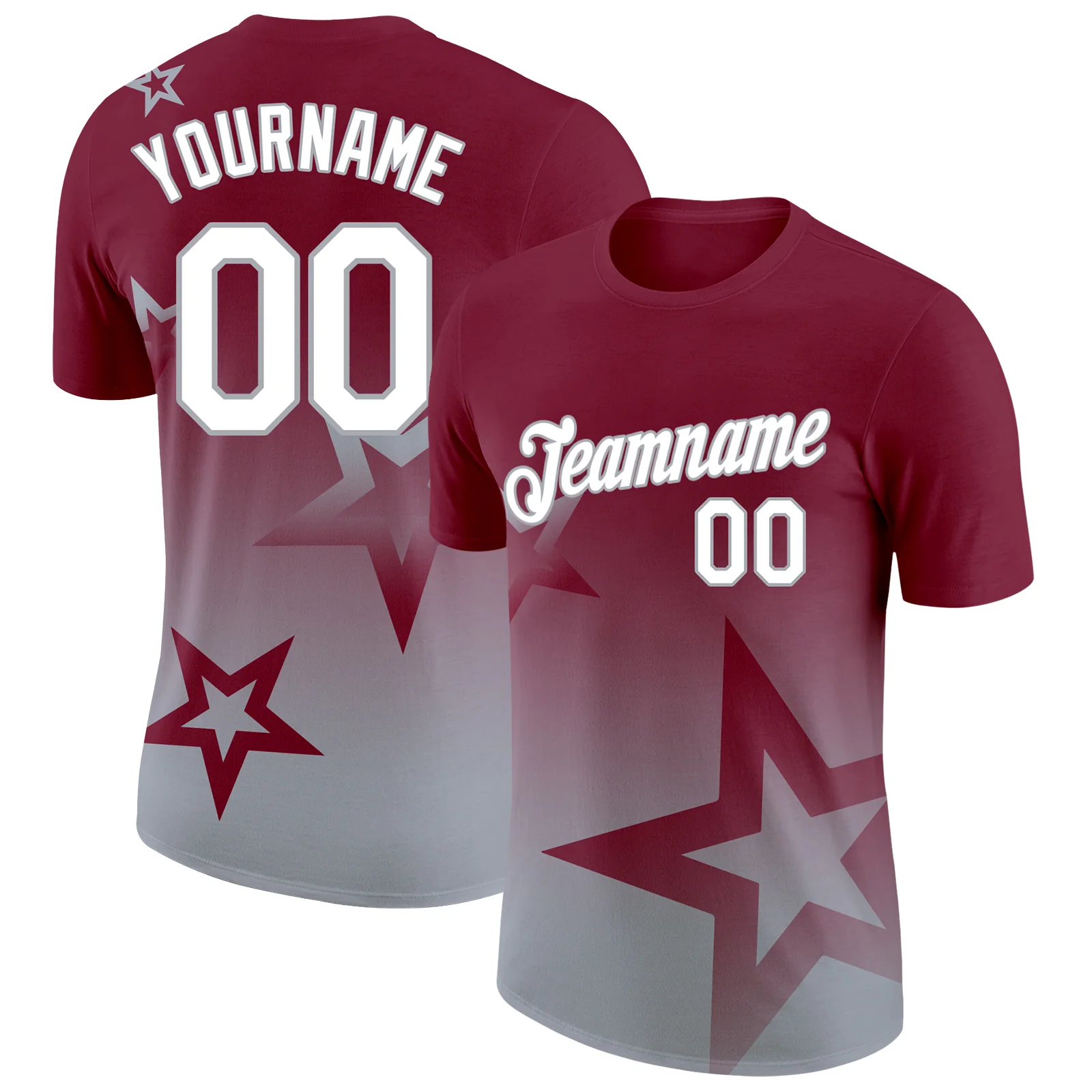 Custom Crimson White-Gray 3D Pattern Design Gradient Style Twinkle Star Performance T-Shirt