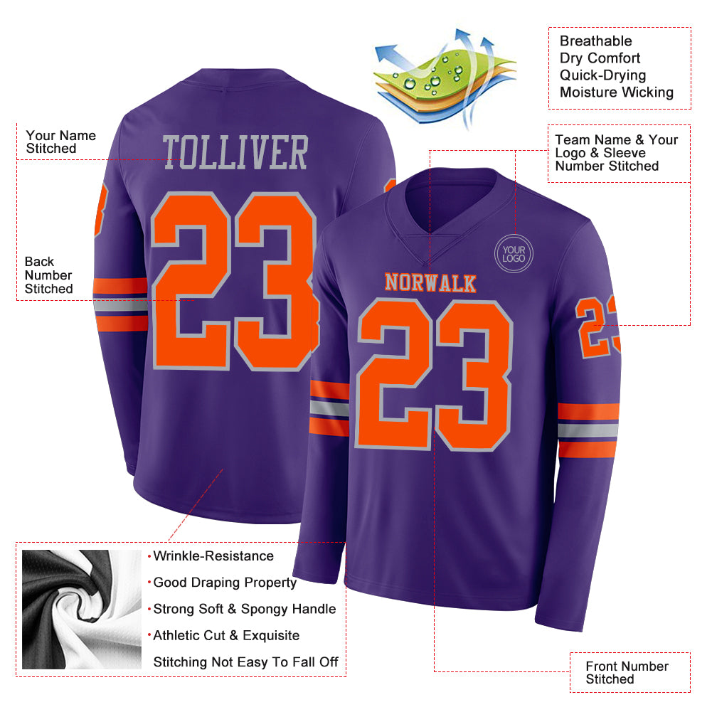 Custom Purple Orange-Gray Long Sleeve Authentic Football Jersey - Image 2