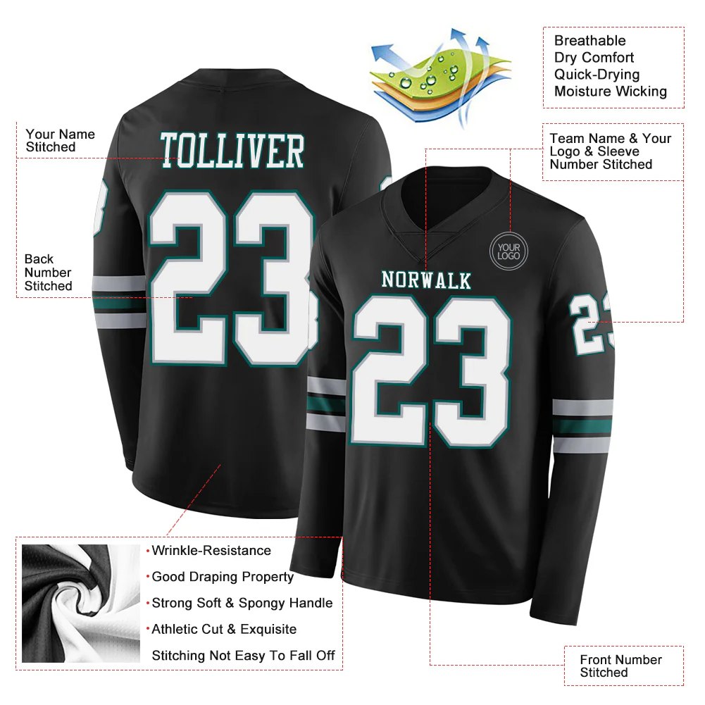 Custom Black White Gray-Midnight Green Long Sleeve Authentic Football Jersey - Image 2