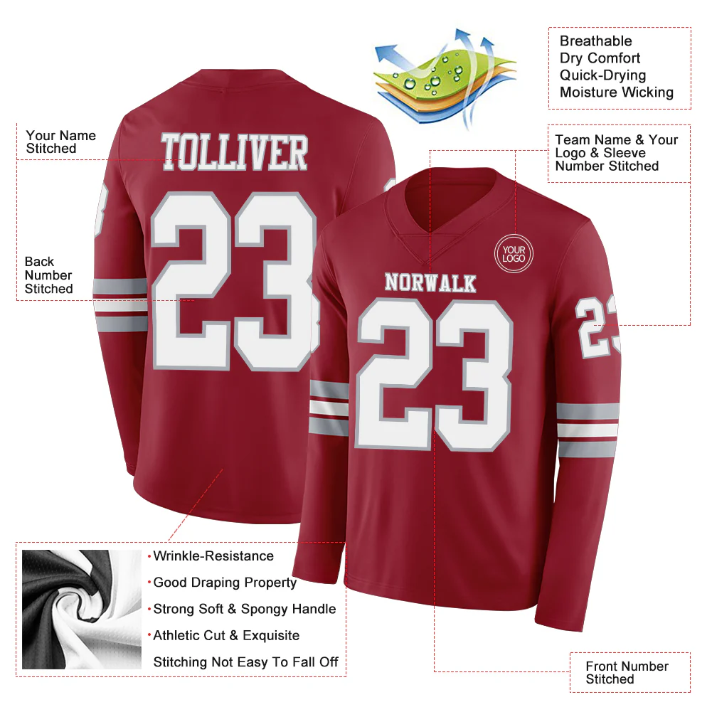 Custom Cardinal White-Gray Long Sleeve Authentic Football Jersey - Image 2