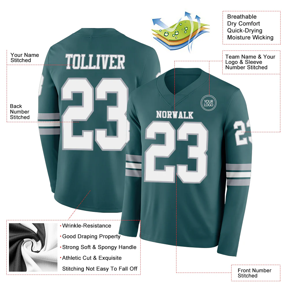 Custom Midnight Green White-Gray Long Sleeve Authentic Football Jersey - Image 2