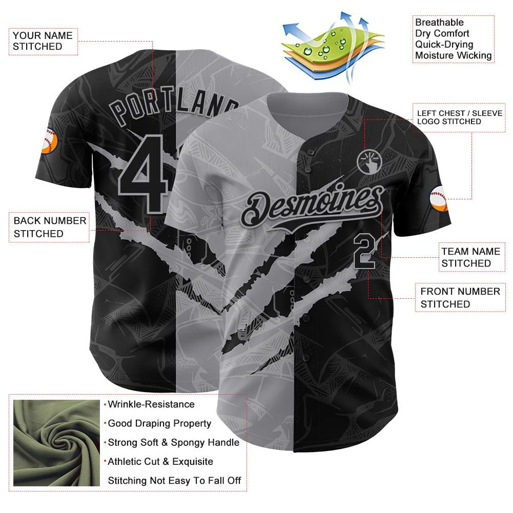 Custom Graffiti Pattern Black-Gray 3D Scratch Authentic Baseball Jersey - Image 3