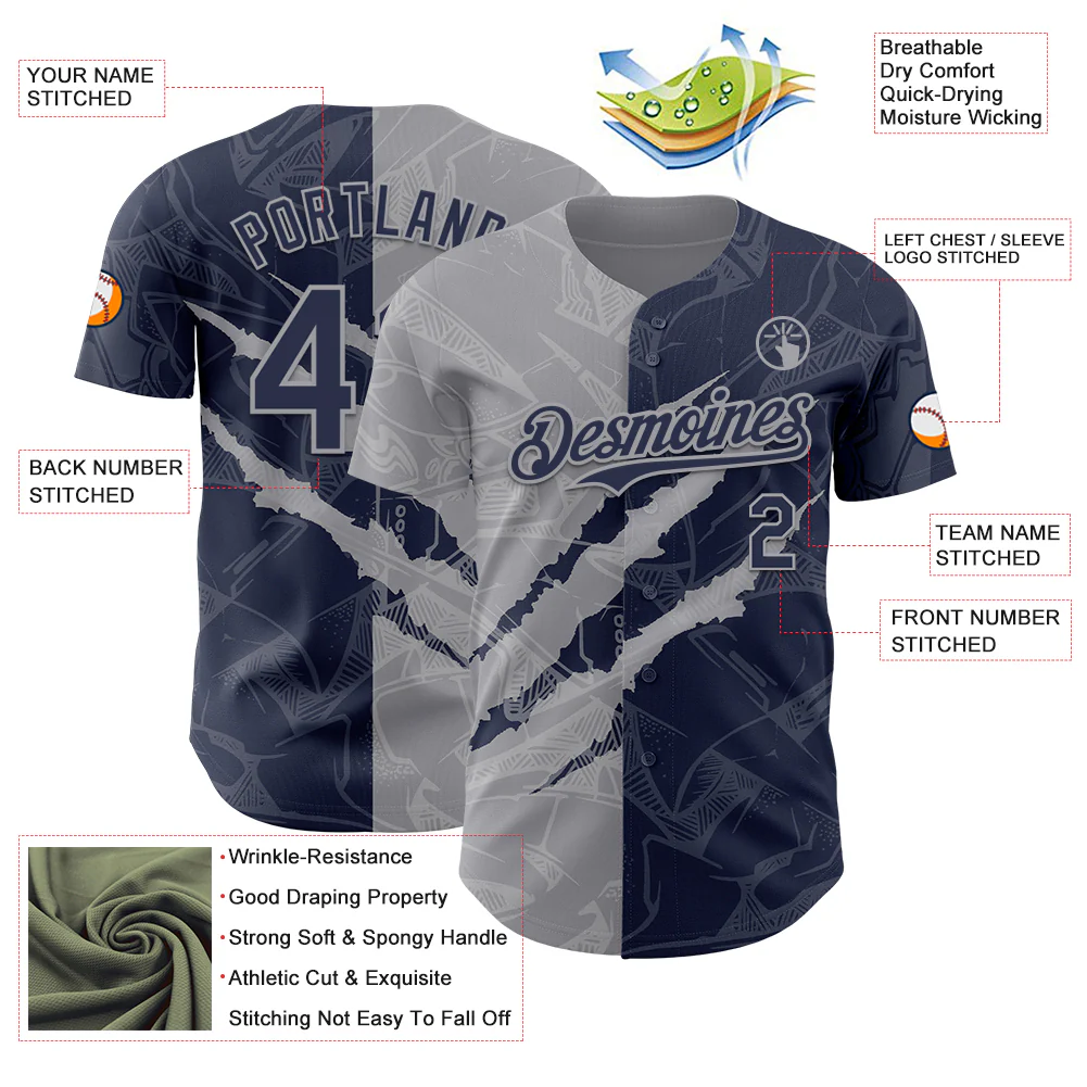 Custom Graffiti Pattern Navy-Gray 3D Scratch Authentic Baseball Jersey - Image 3