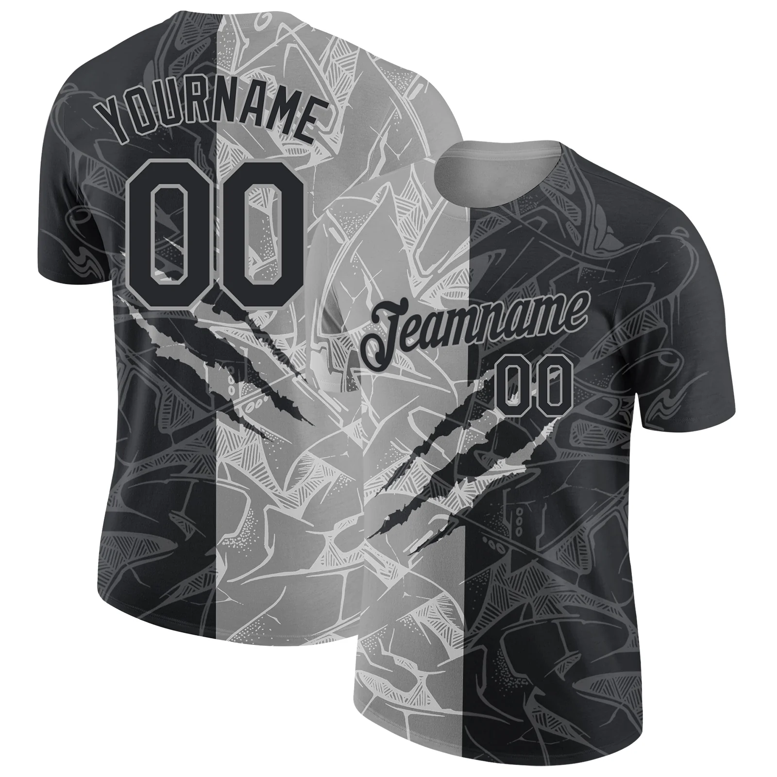 Custom Graffiti Pattern Black-Gray Scratch 3D Performance T-Shirt