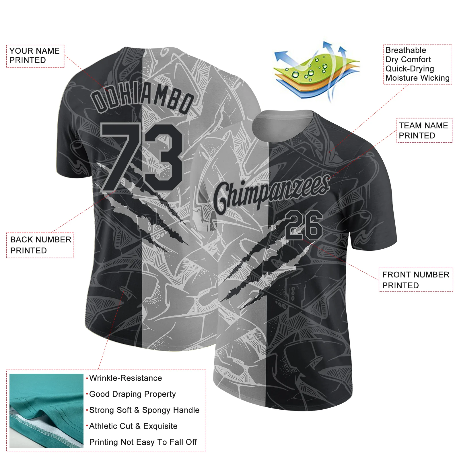 Custom Graffiti Pattern Black-Gray Scratch 3D Performance T-Shirt - Image 2
