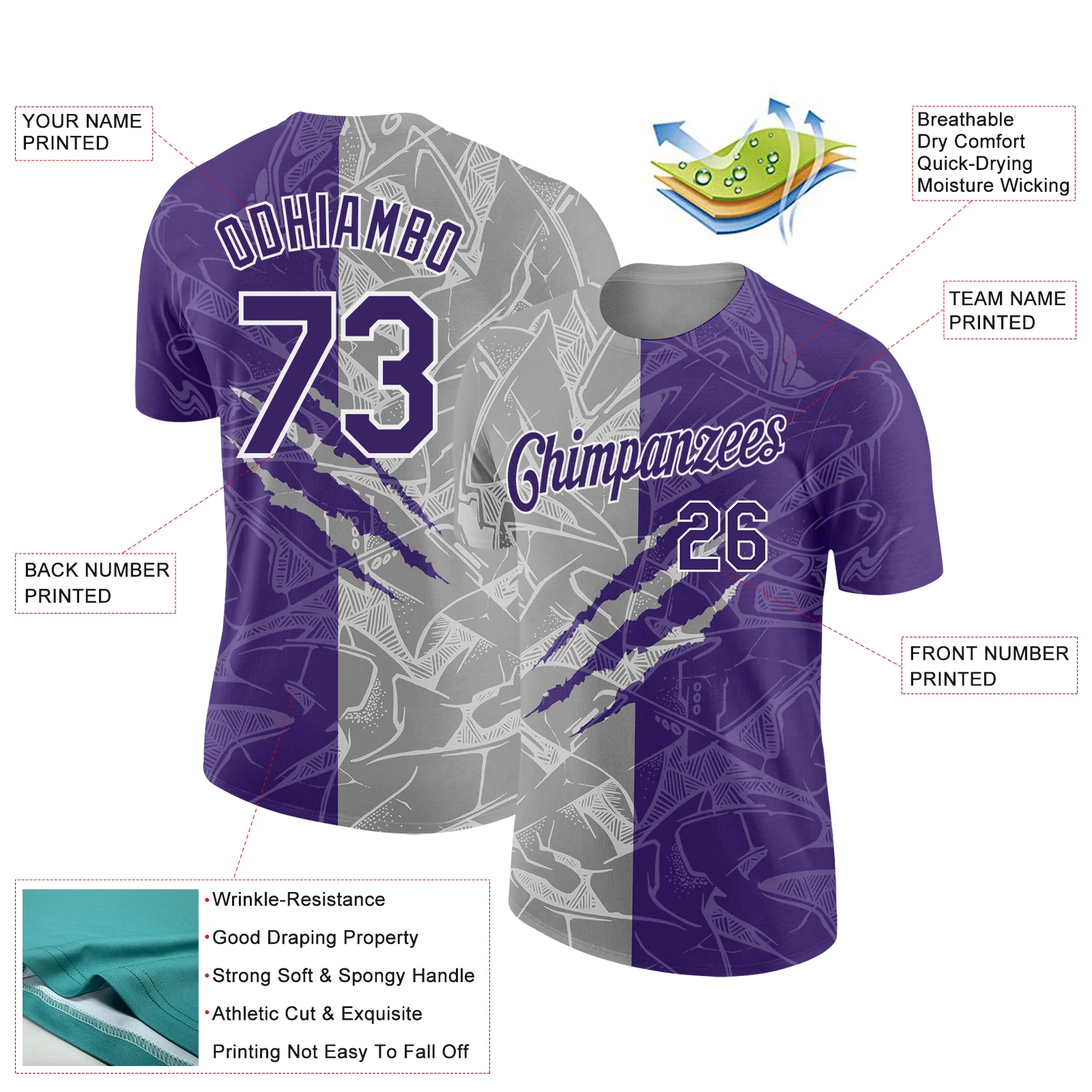 Custom Graffiti Pattern Purple Gray-White Scratch 3D Performance T-Shirt - Image 2
