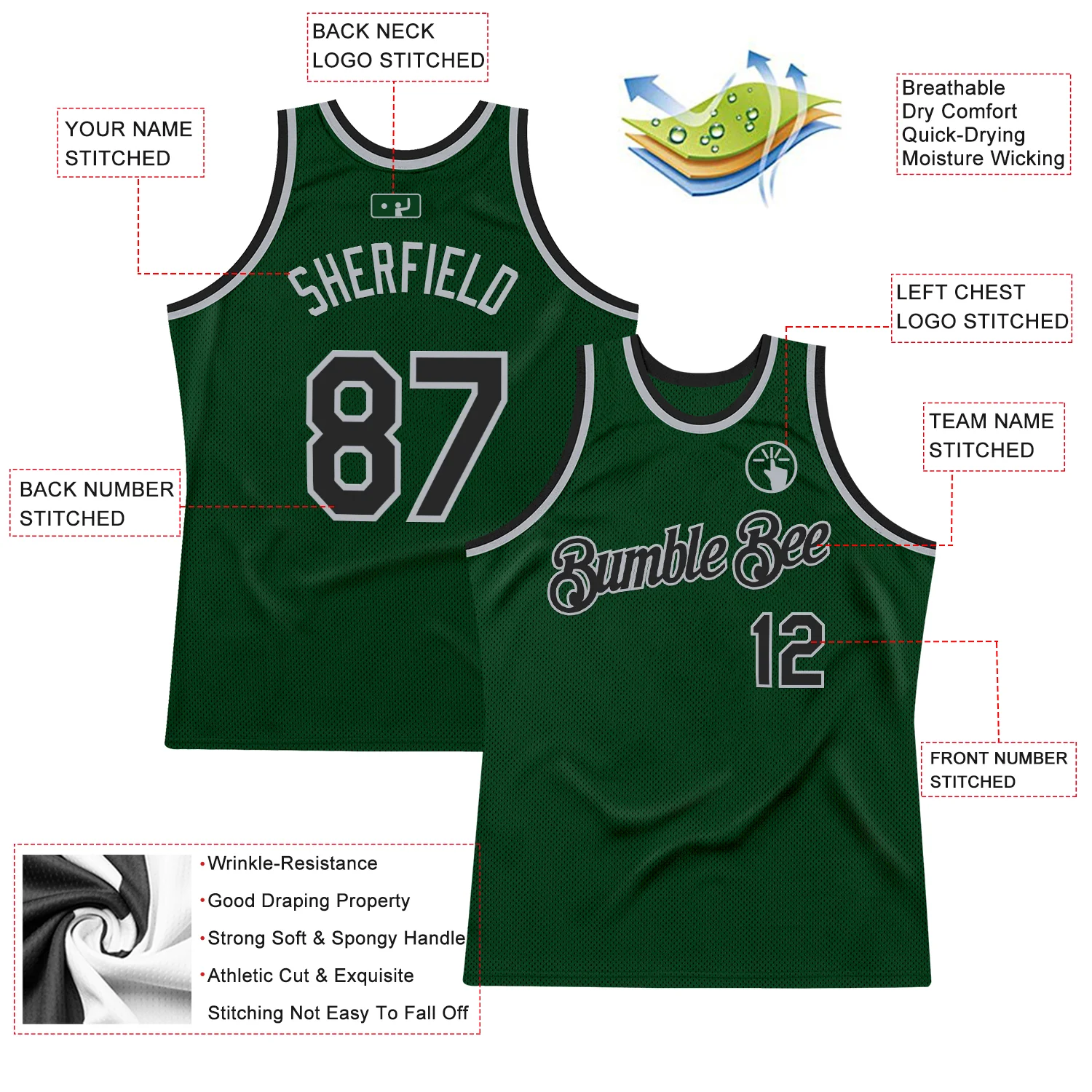 Custom Green Black-Gray Authentic Throwback Basketball Jersey - Image 2
