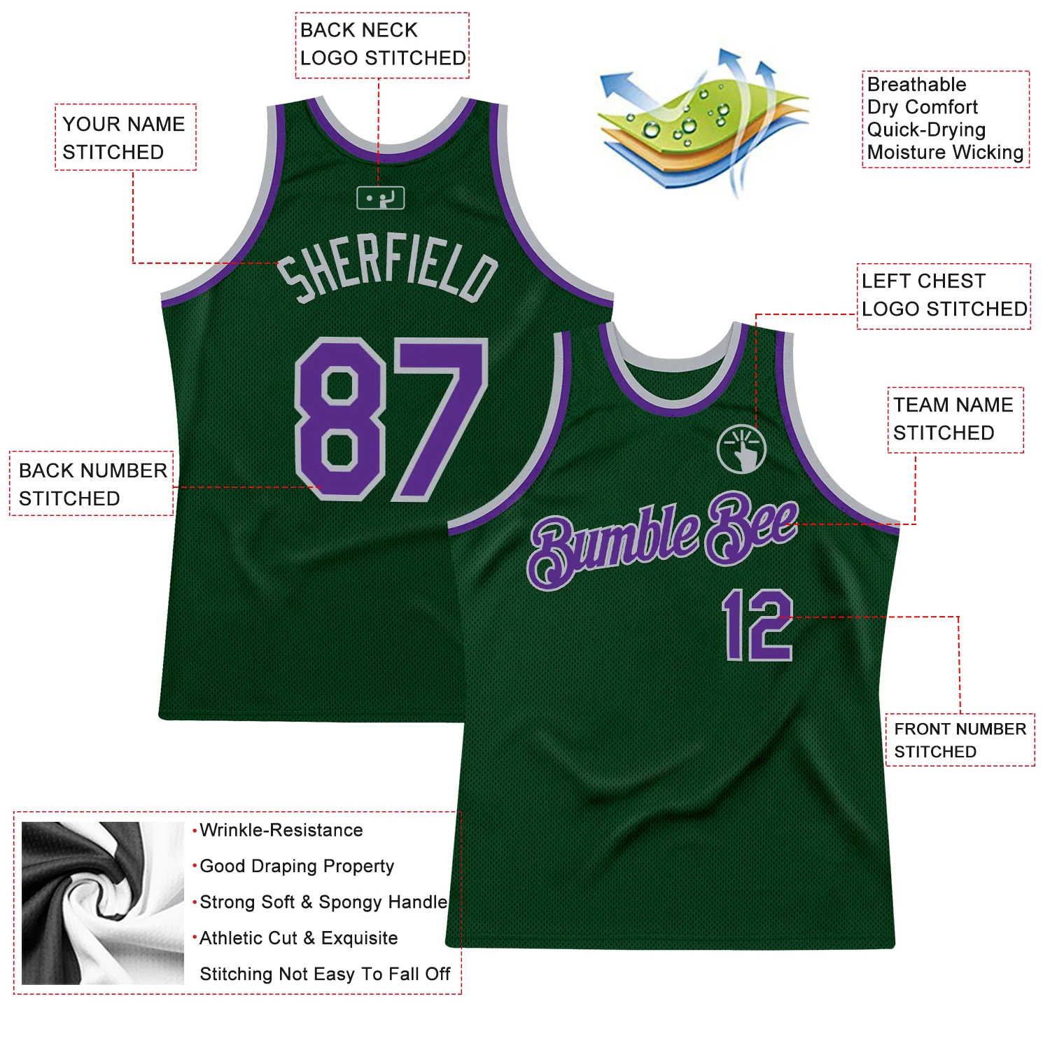 Custom Green Purple-Gray Authentic Throwback Basketball Jersey - Image 2
