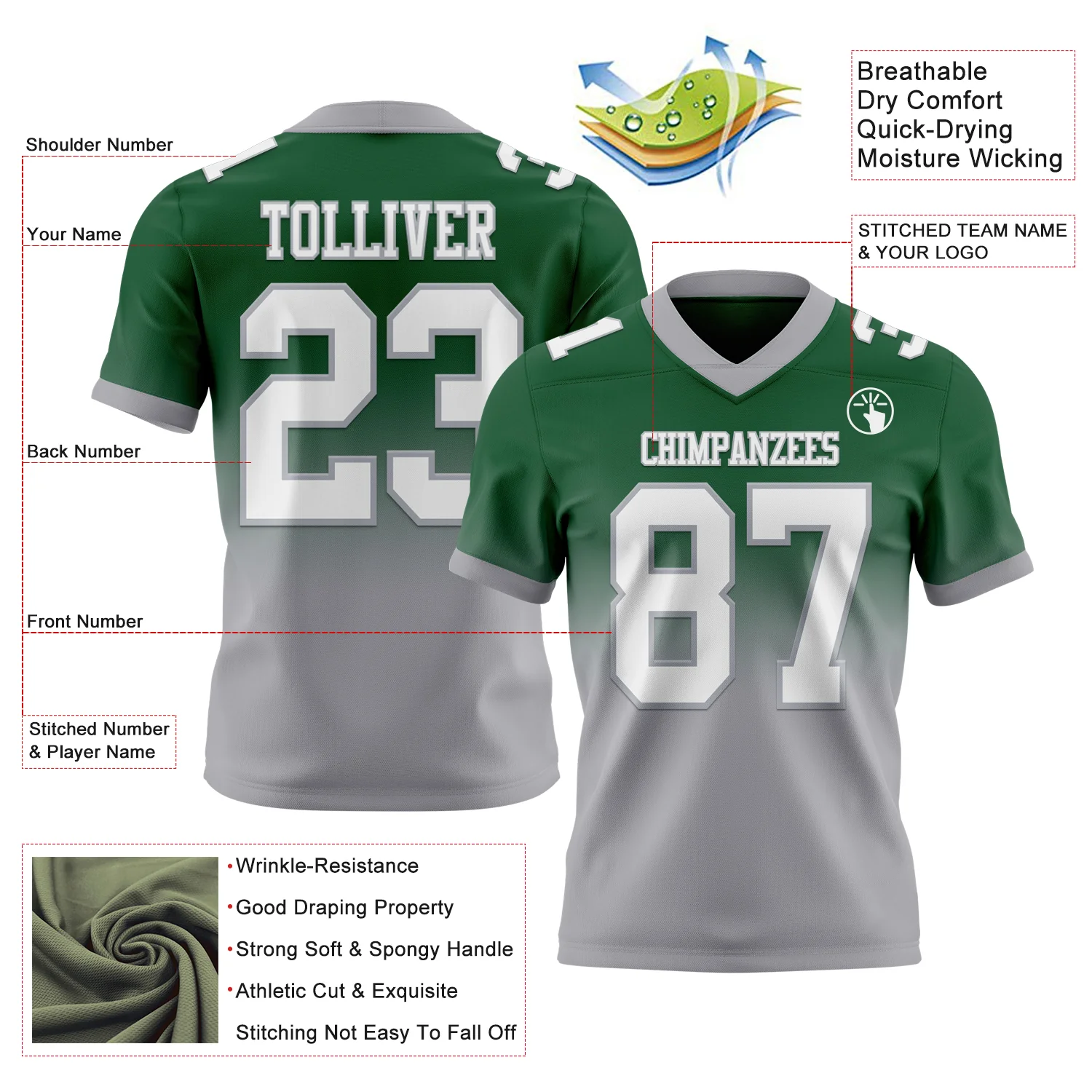 Custom Green White-Gray Authentic Fade Fashion Football Jersey - Image 2