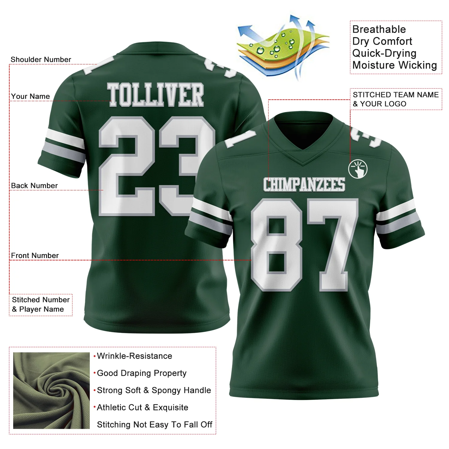 Custom Green White-Gray Authentic Football Jersey - Image 3