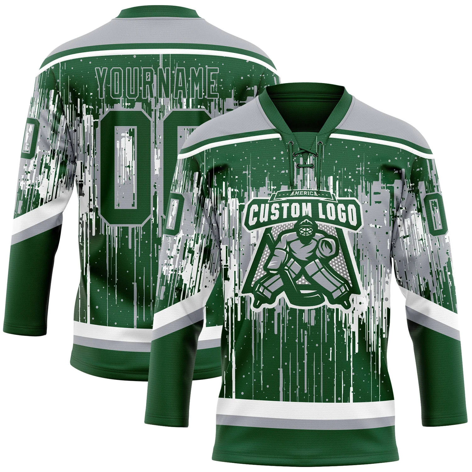 Custom Green Gray-White Dripping Splatter Pattern Hockey Lace Neck Jersey - Image 2