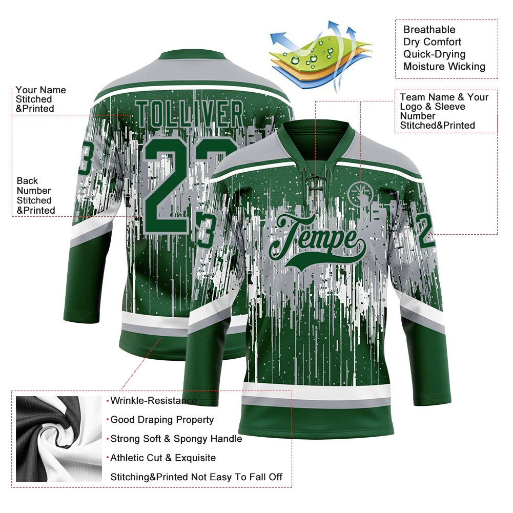 Custom Green Gray-White Dripping Splatter Pattern Hockey Lace Neck Jersey - Image 5