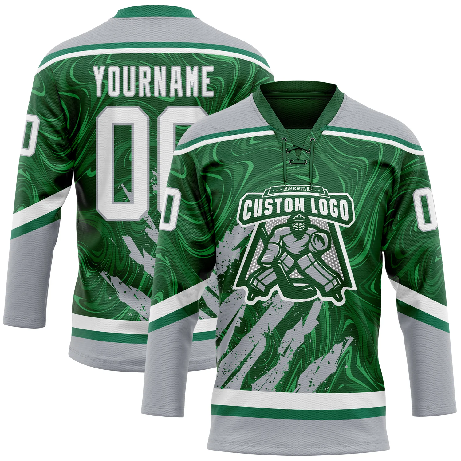 Custom Green White-Gray 3D Splash Art Hockey Lace Neck Jersey - Image 2
