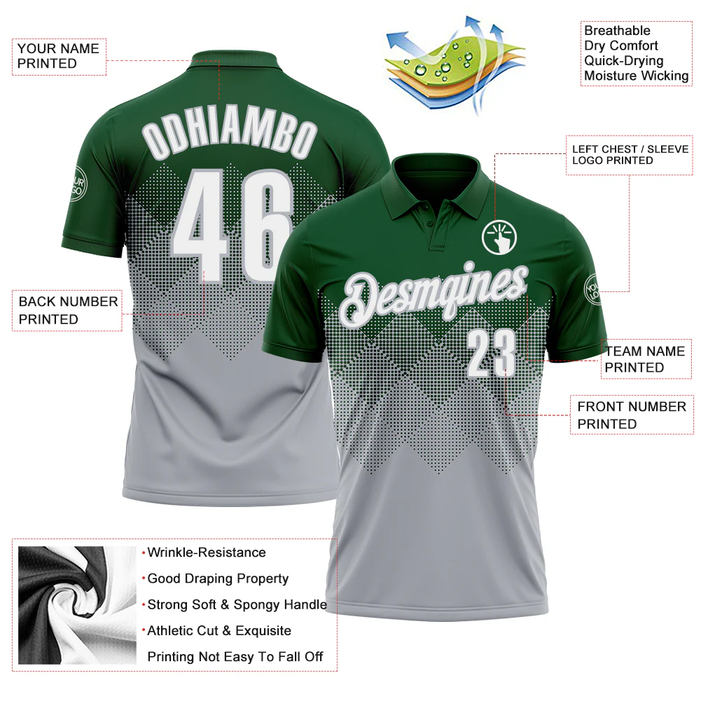 Custom Green White-Gray 3D Gradient Square Shape Performance Polo Shirt - Image 3