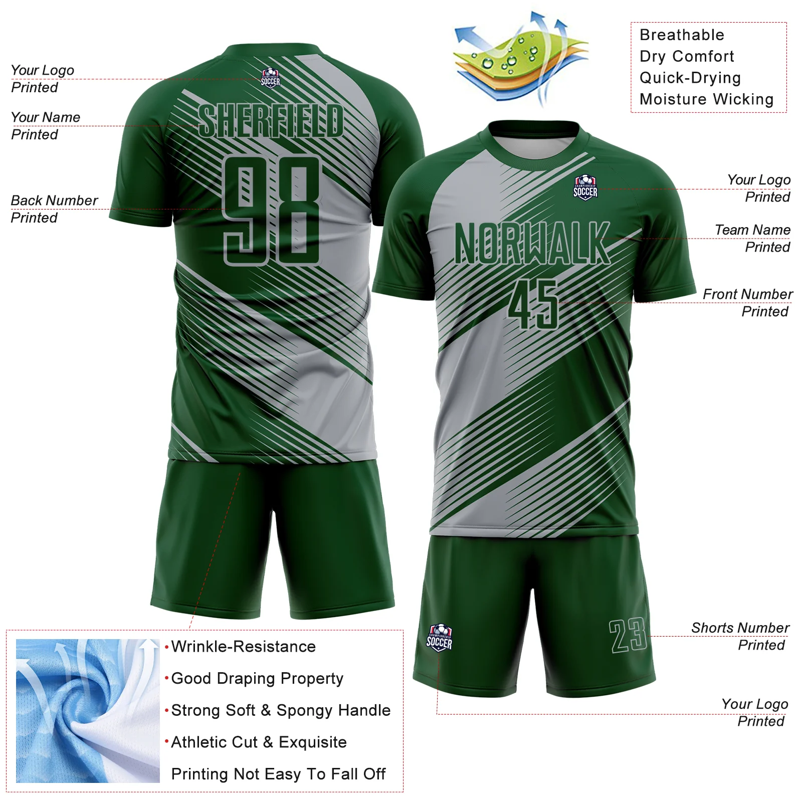 Custom Green Gray Line Sublimation Soccer Uniform Jersey - Image 4