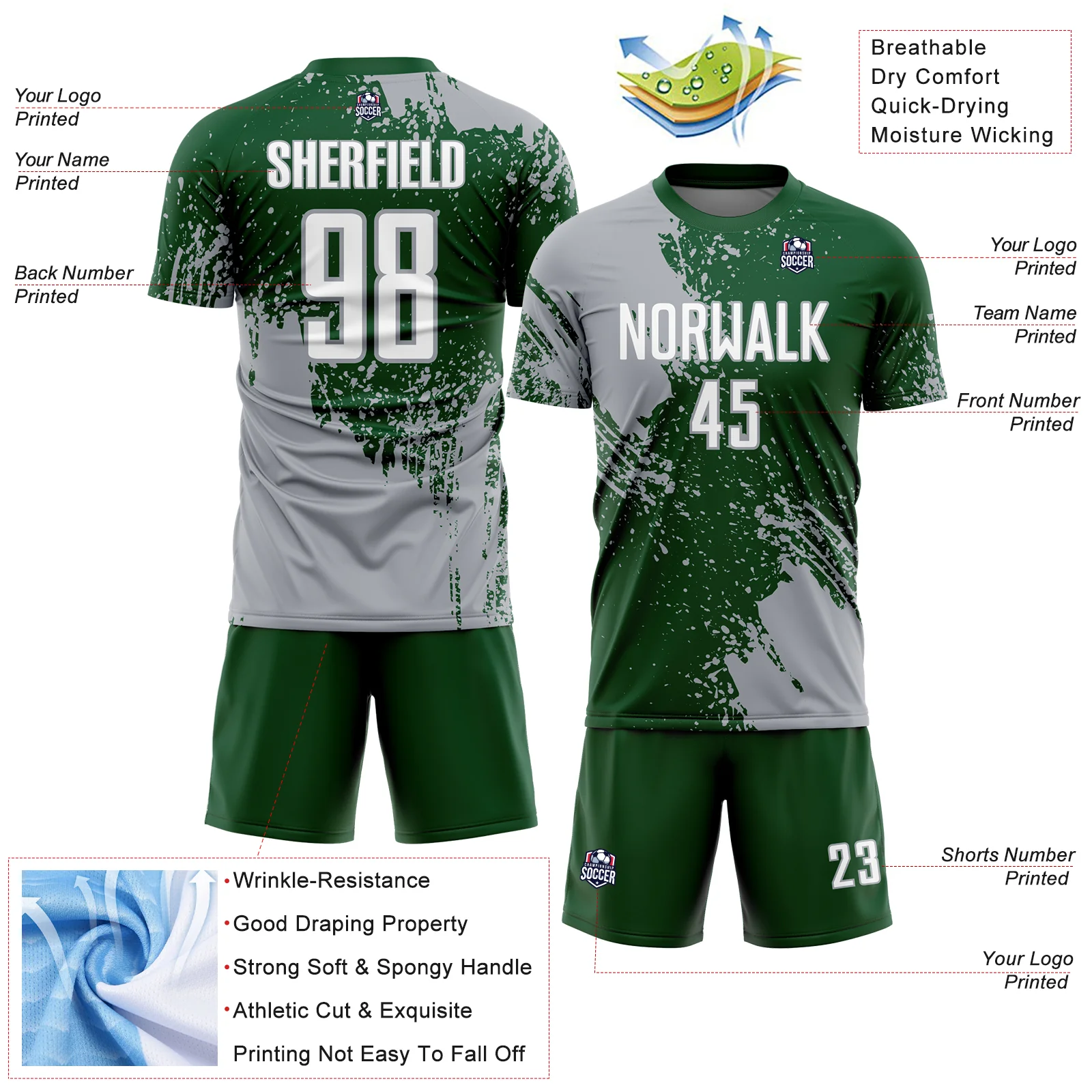 Custom Green White-Gray Abstract Brush Stroke Sports Sublimation Soccer Uniform Jersey - Image 4
