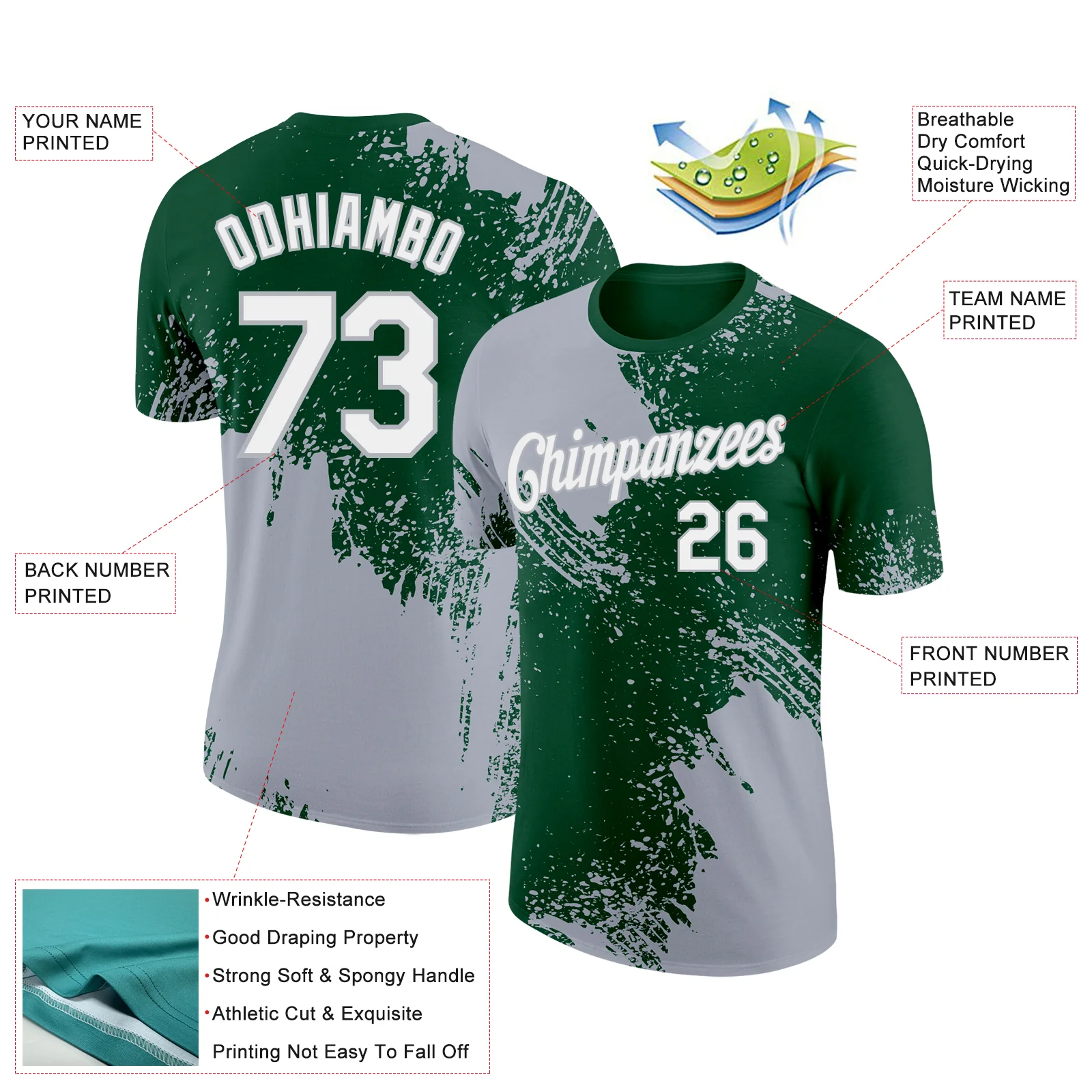 Custom Green White-Gray 3D Pattern Design Abstract Brush Stroke Performance T-Shirt - Image 2