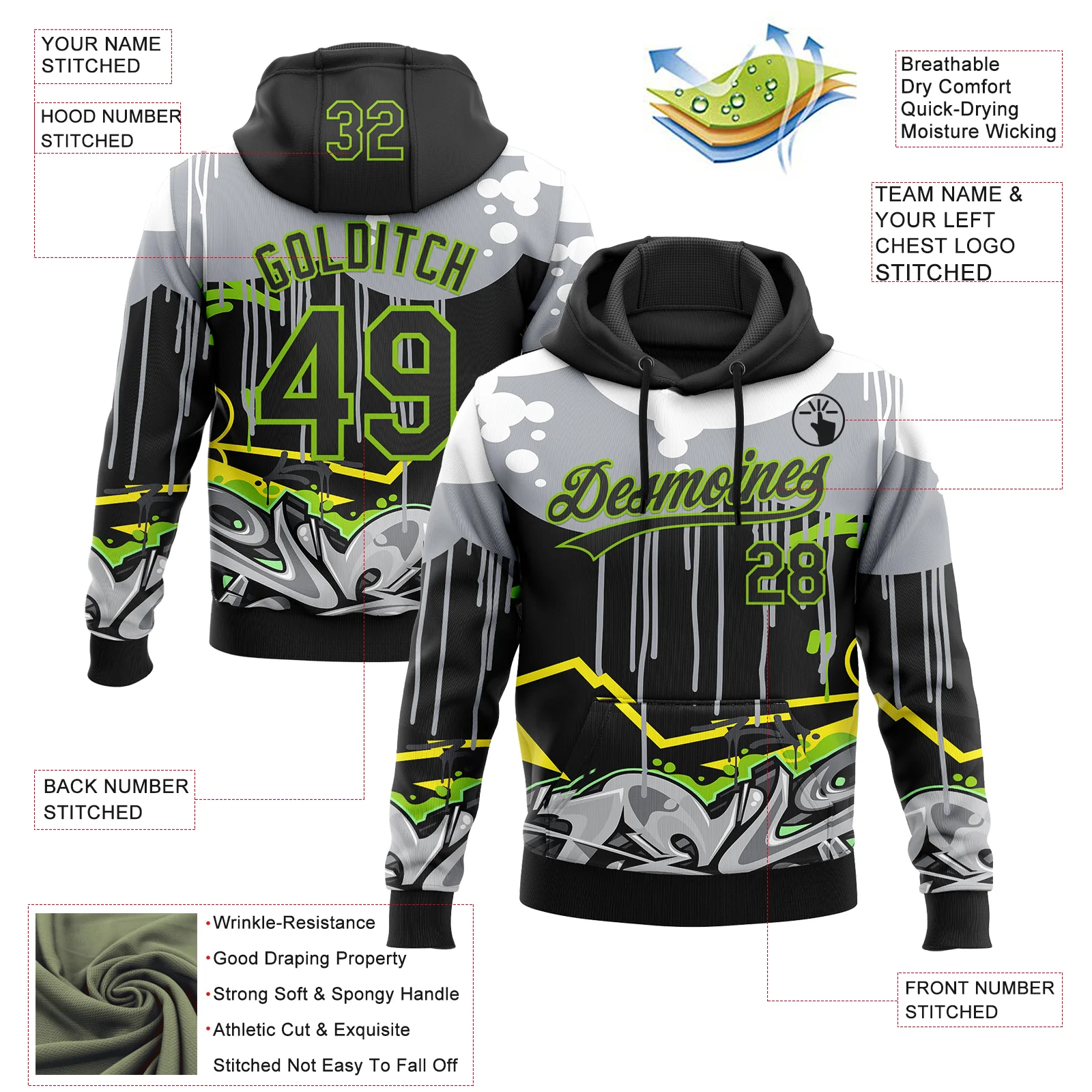 Custom Stitched Black Gray Neon Green Yellow-White 3D Graffiti Splash Street Art Sports Pullover Sweatshirt Hoodie - Image 2