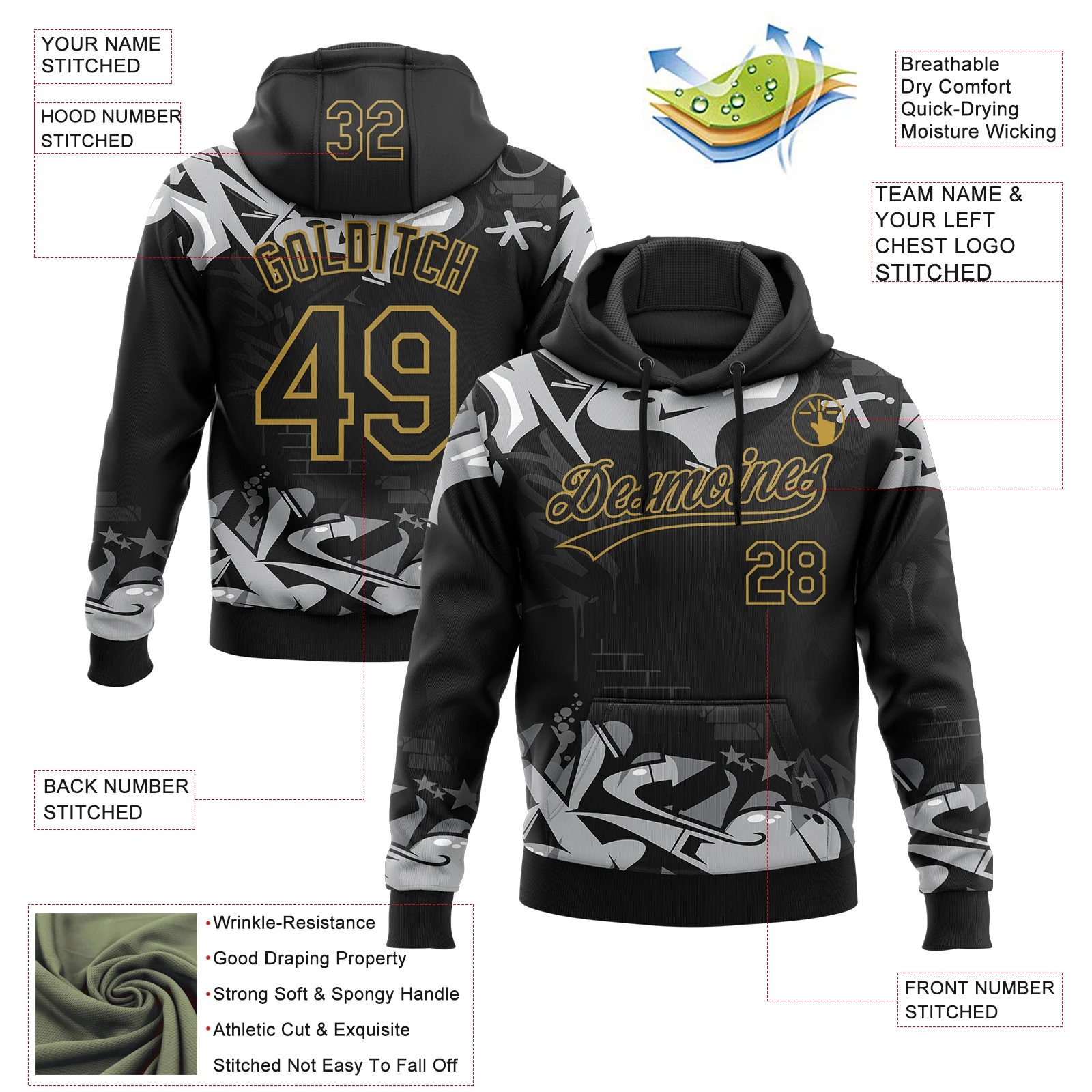 Custom Stitched Black Gray Old Gold-White 3D Graffiti Splash Street Art Sports Pullover Sweatshirt Hoodie - Image 2