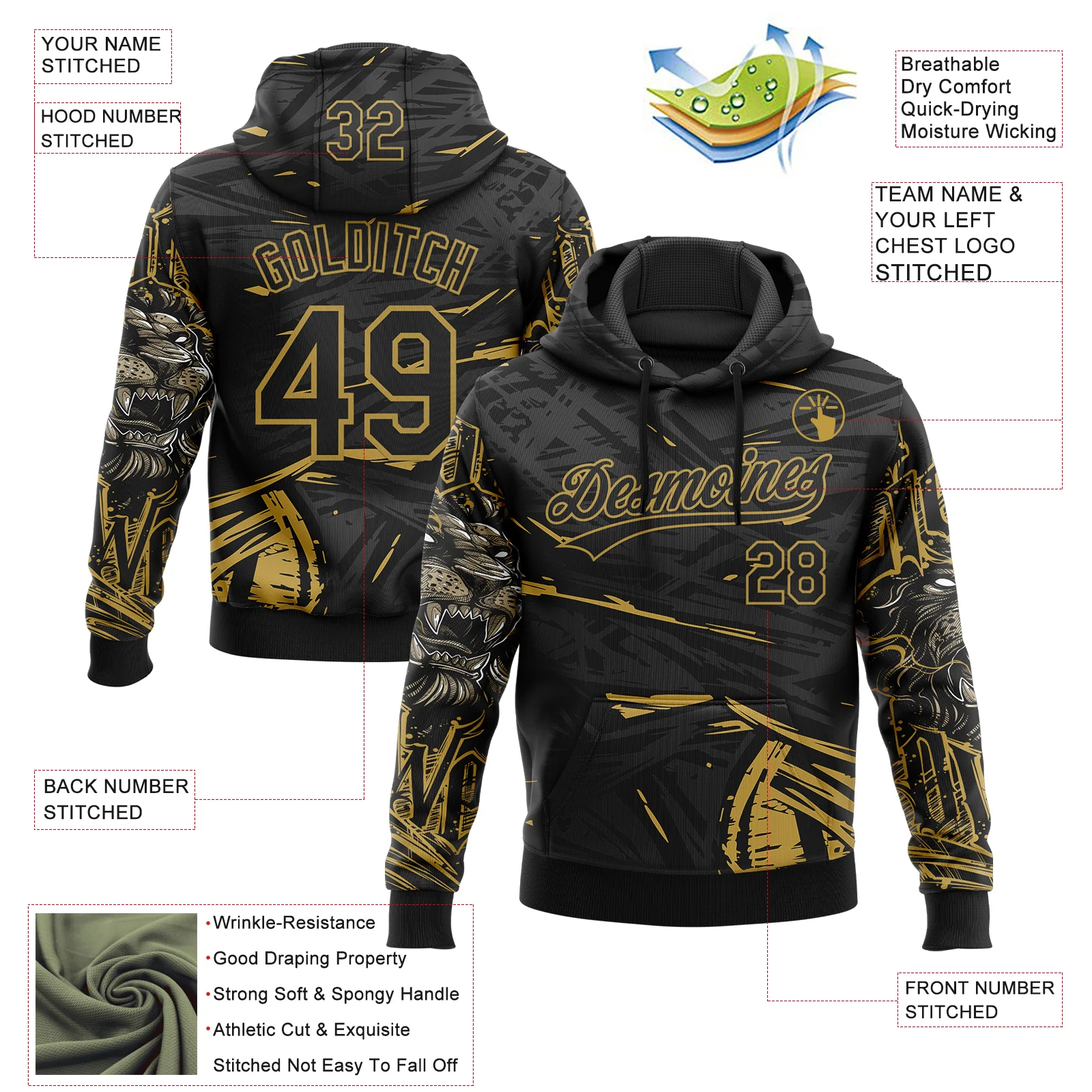 Custom Stitched Black Gray-Old Gold 3D Pattern Design Animal Lion Sports Pullover Sweatshirt Hoodie - Image 2