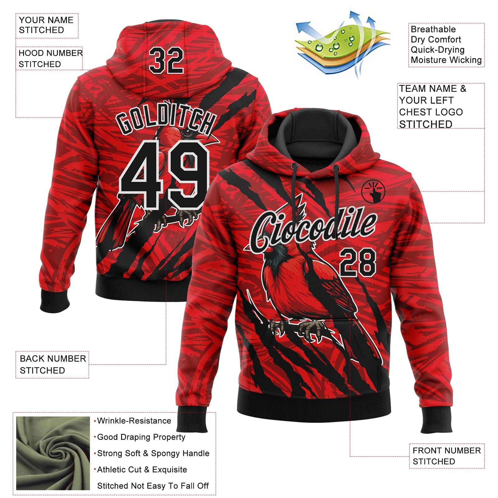 Custom Stitched Red Black Gray-White 3D Pattern Design Animal Cardinal Bird Sports Pullover Sweatshirt Hoodie - Image 2
