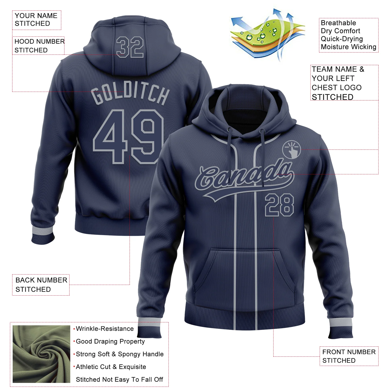 Custom Stitched Navy Gray Baseball Pullover Sweatshirt Hoodie - Image 2