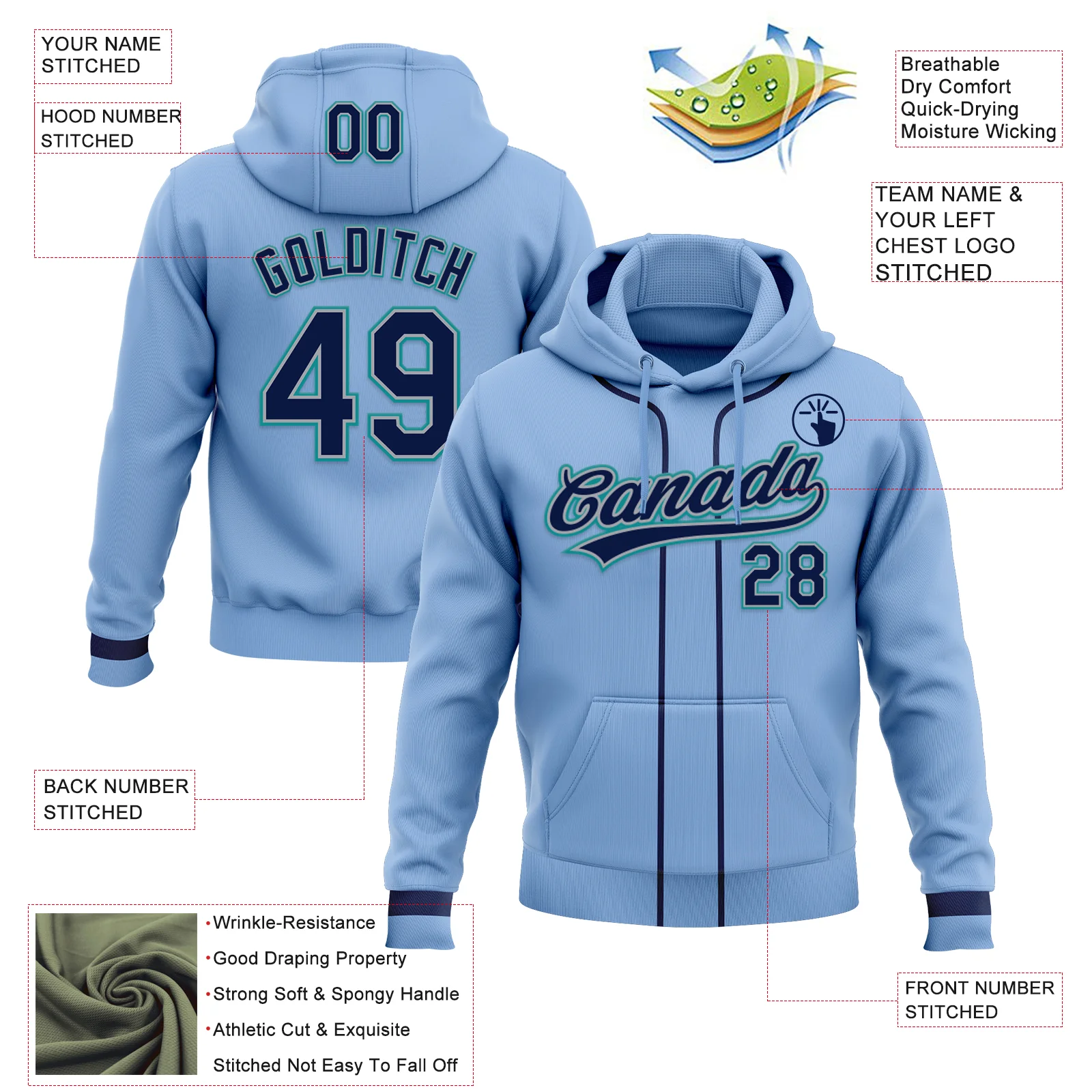 Custom Stitched Light Blue Navy Gray-Teal Baseball Pullover Sweatshirt Hoodie - Image 2