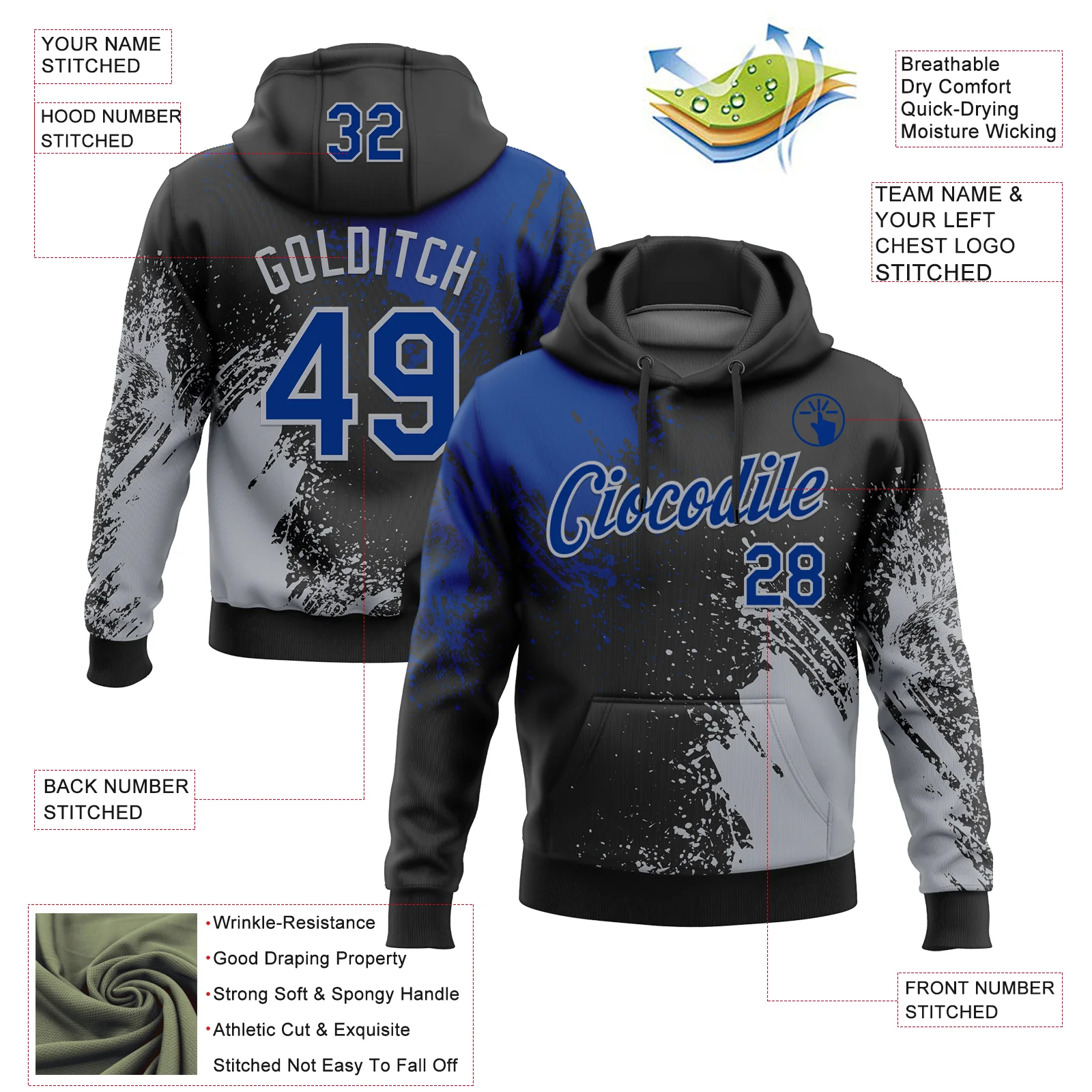 Custom Stitched Black Royal-Gray 3D Pattern Design Abstract Brush Stroke Sports Pullover Sweatshirt Hoodie - Image 2
