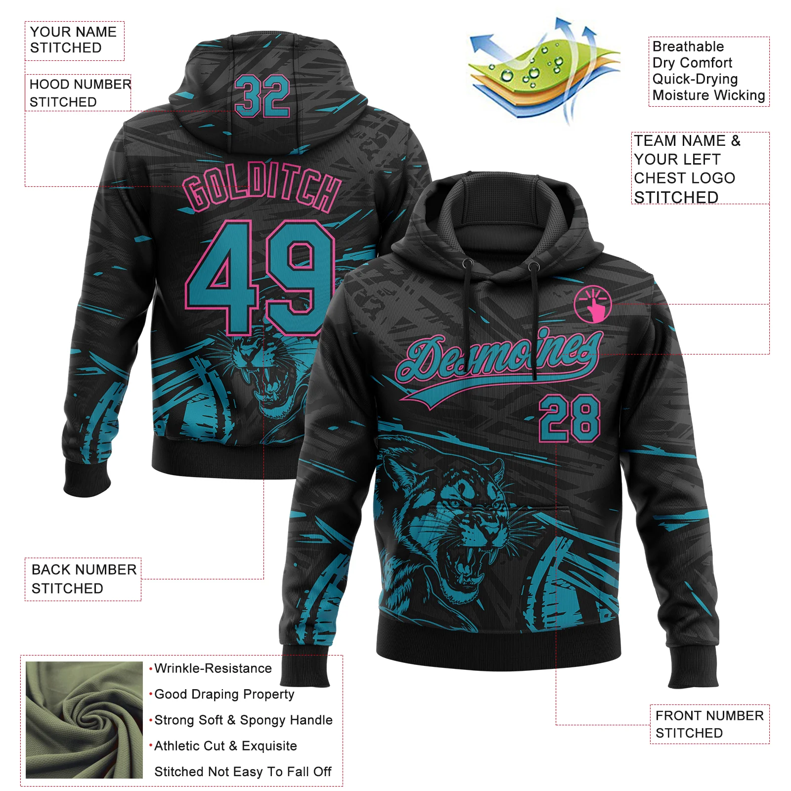 Custom Stitched Black Teal-Pink 3D Pattern Design Animal Tiger Sports Pullover Sweatshirt Hoodie - Image 2