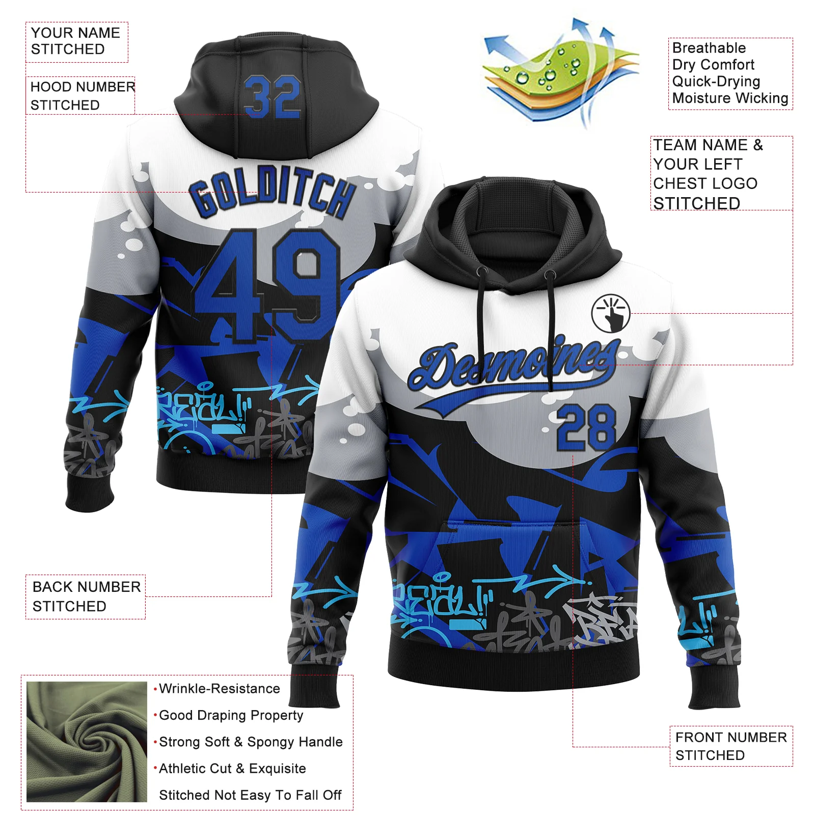 Custom Stitched Black Thunder Blue Gray-White 3D Graffiti Splash Street Art Sports Pullover Sweatshirt Hoodie - Image 2