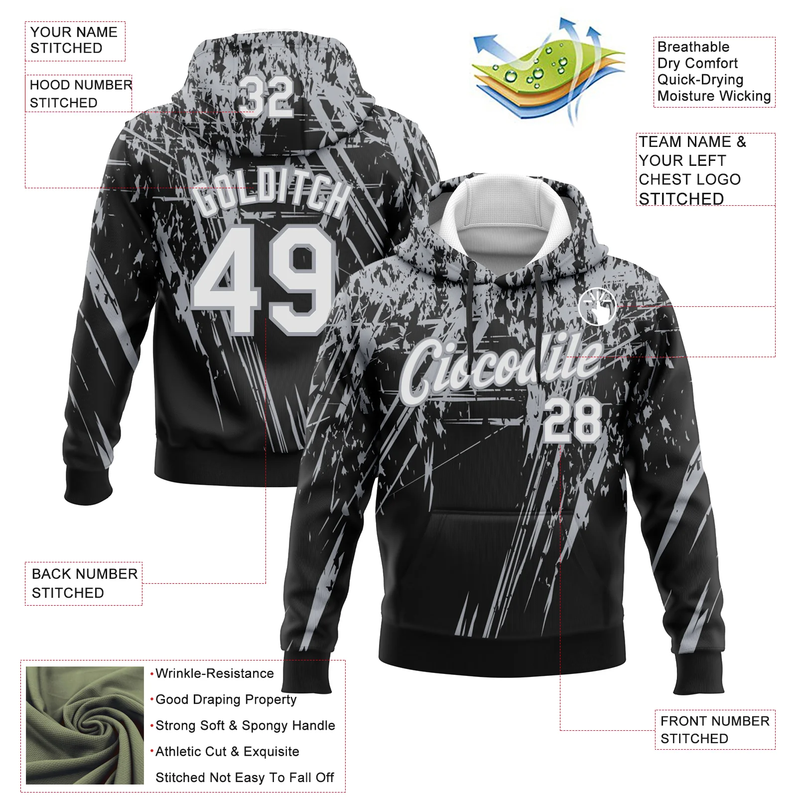 Custom Stitched Black White-Gray 3D Pattern Design Splash Grunge Art Sports Pullover Sweatshirt Hoodie - Image 2