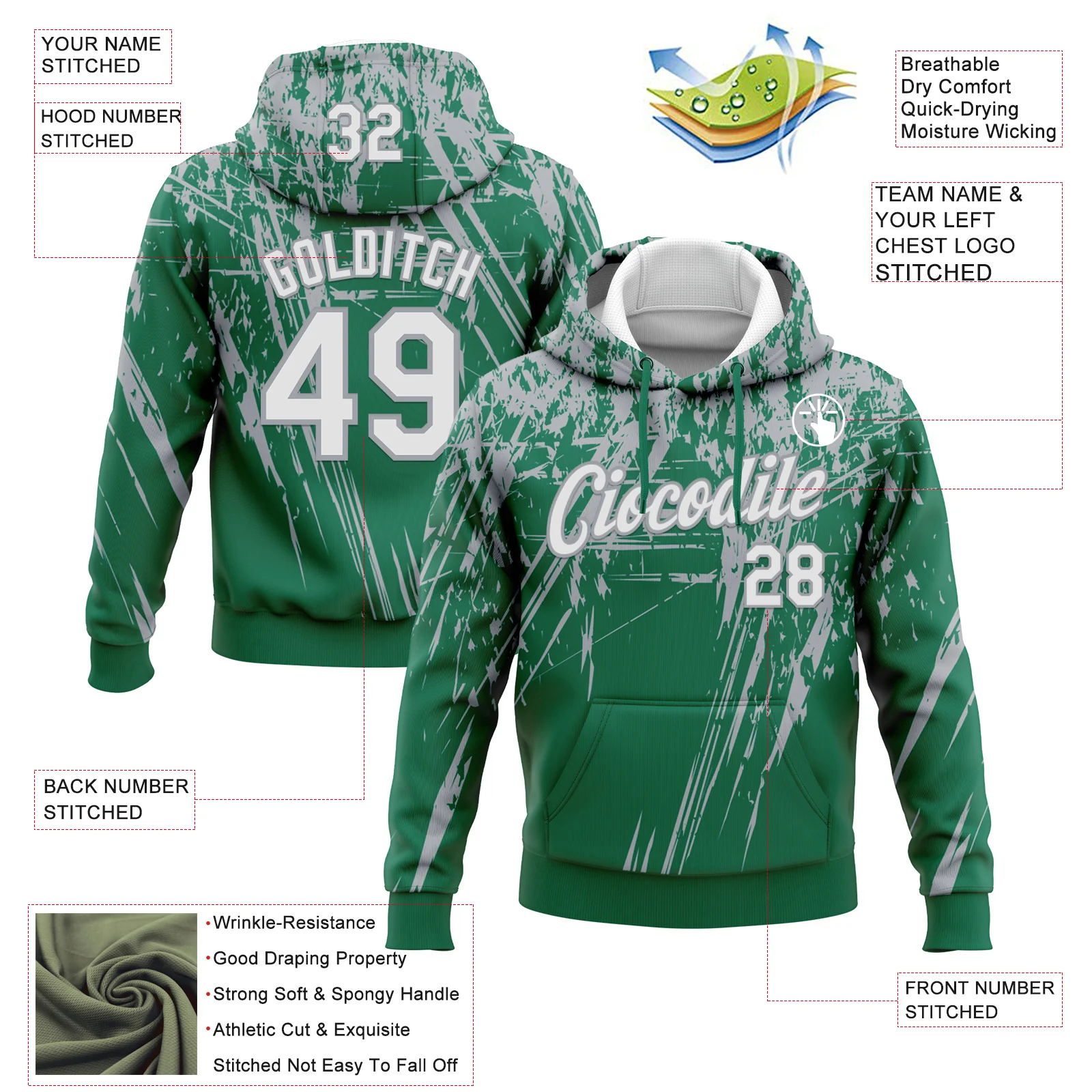 Custom Stitched Kelly Green White-Gray 3D Pattern Design Splash Grunge Art Sports Pullover Sweatshirt Hoodie - Image 2