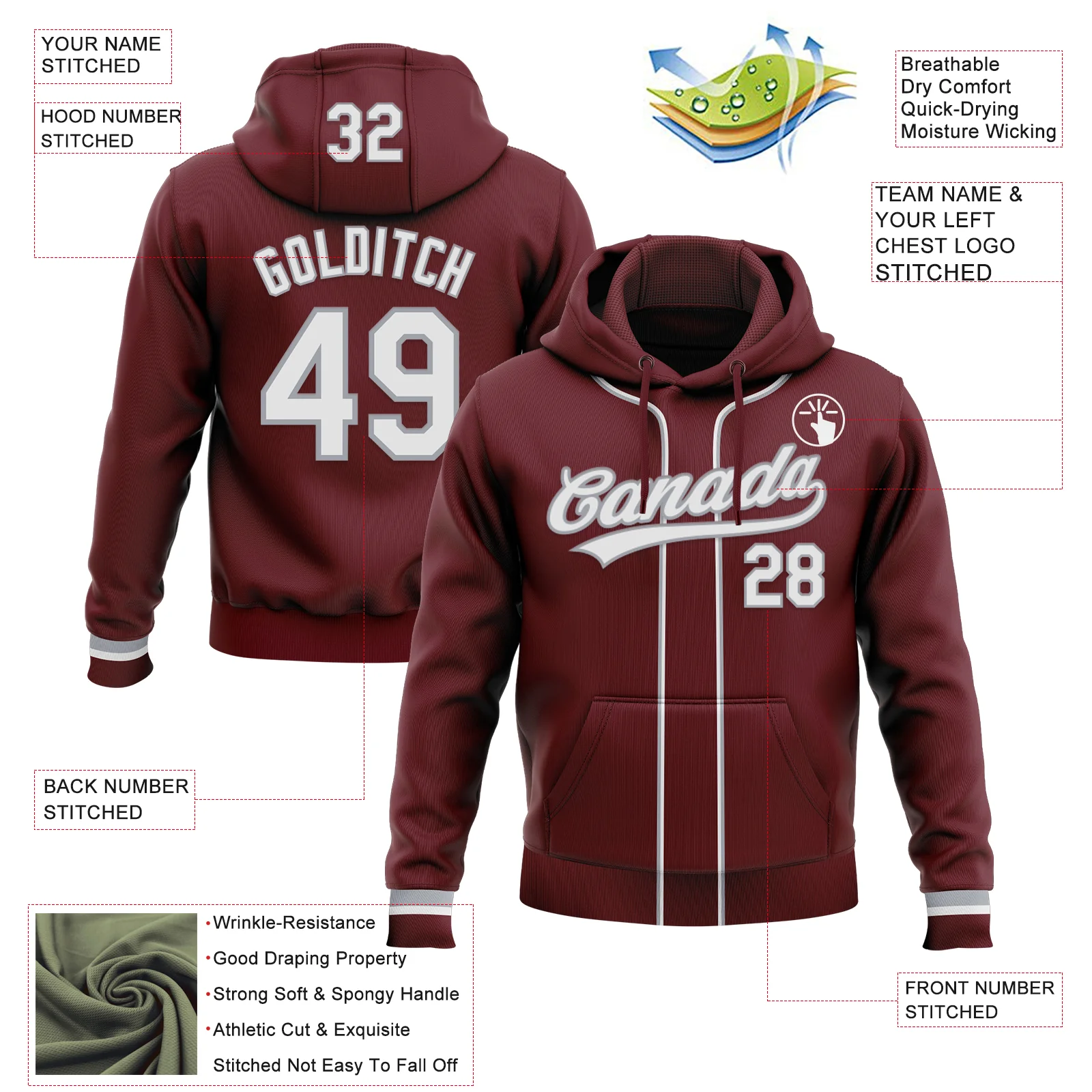 Custom Stitched Burgundy White-Gray Baseball Pullover Sweatshirt Hoodie - Image 2