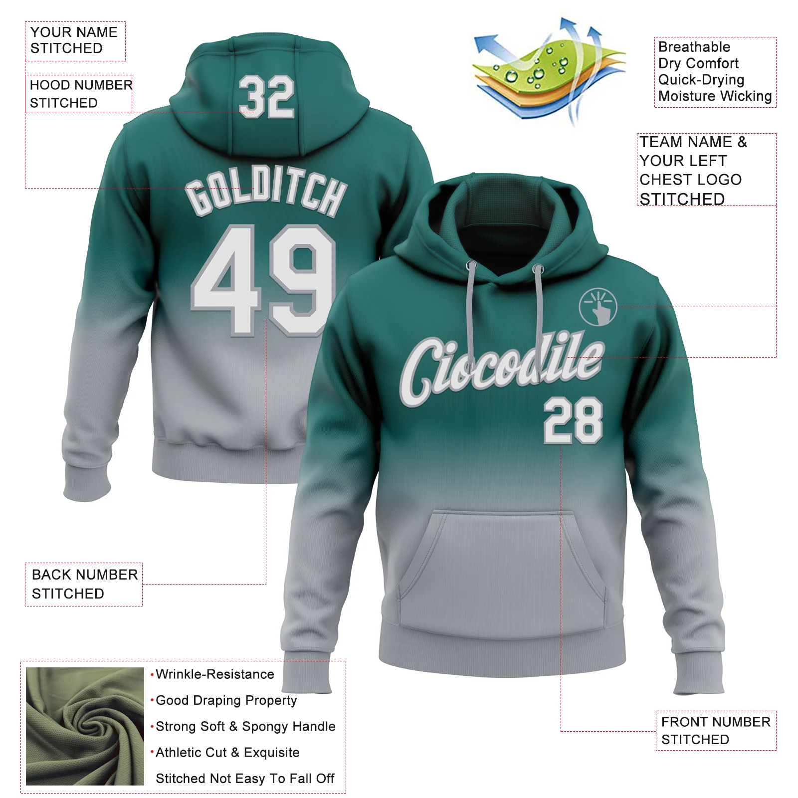 Custom Stitched Midnight Green White-Gray Fade Fashion Sports Pullover Sweatshirt Hoodie - Image 2