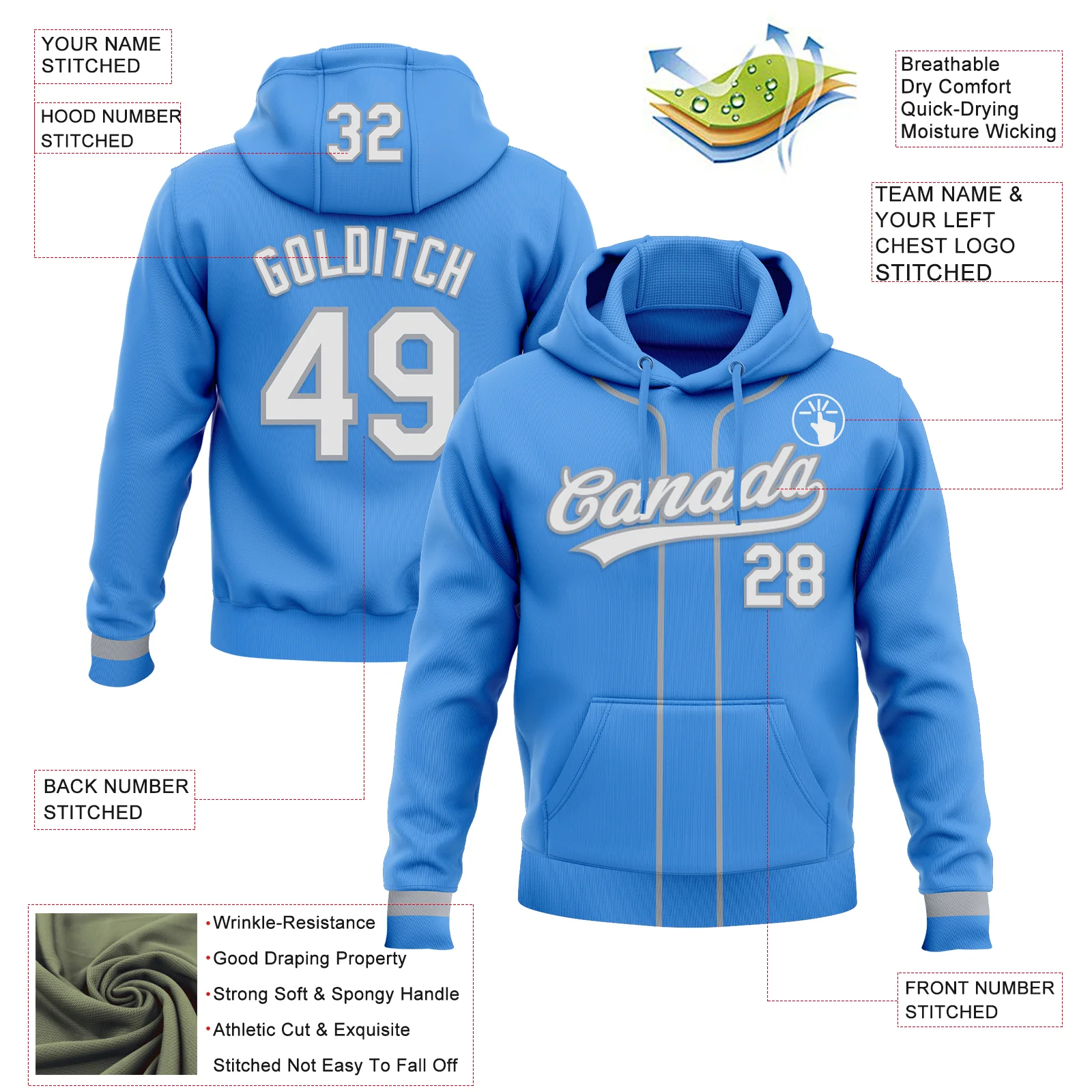Custom Stitched Powder Blue White-Gray Baseball Pullover Sweatshirt Hoodie - Image 2