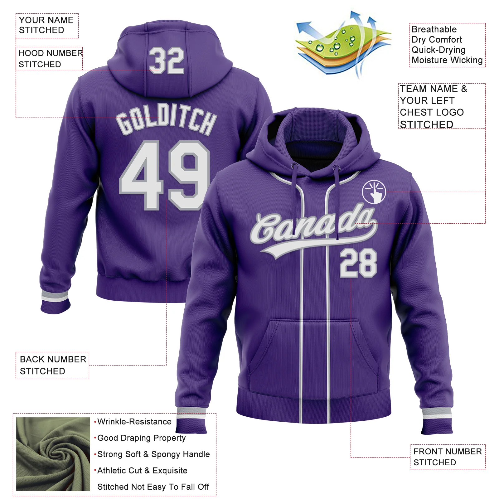Custom Stitched Purple White-Gray Baseball Pullover Sweatshirt Hoodie - Image 2