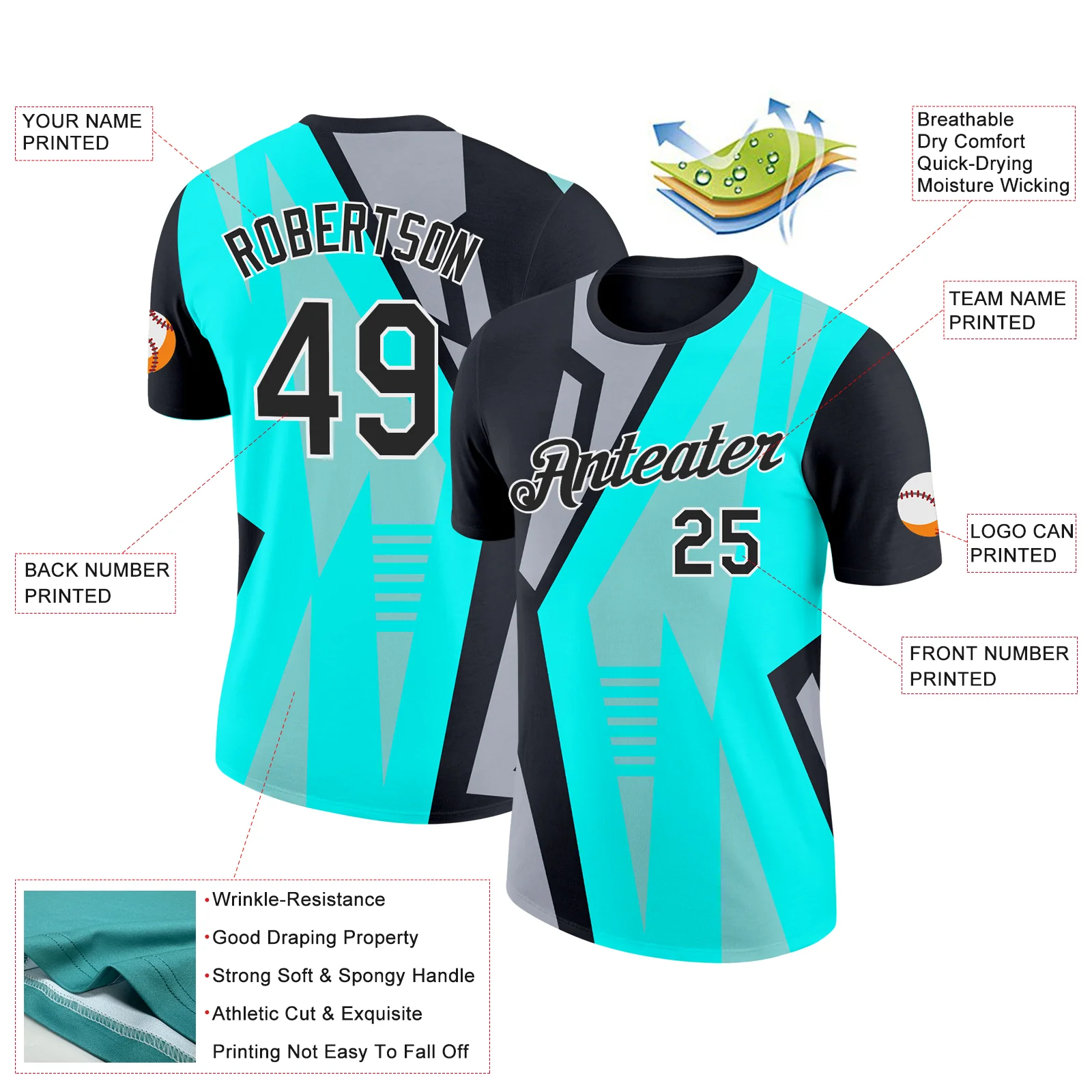 Custom Ice Blue Black-Gray 3D Esports Performance T-Shirt - Image 2