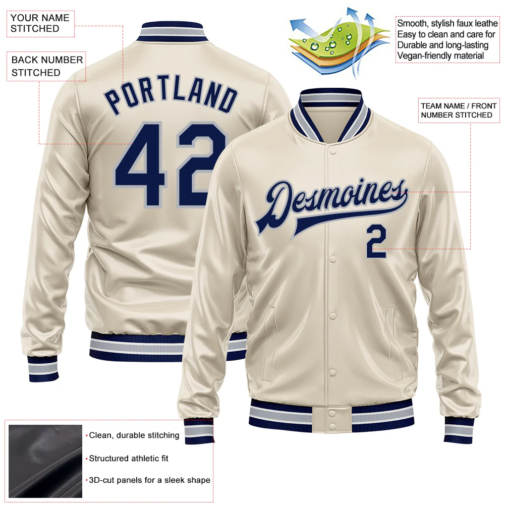 Custom Cream Navy-Gray Bomber Full-Snap Varsity Faux Leather Letterman Jacket - Image 2