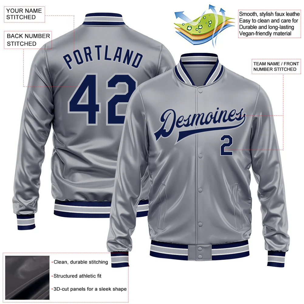 Custom Gray Navy-Gray Bomber Full-Snap Varsity Faux Leather Letterman Jacket - Image 2